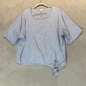 Time and Tru Womens Chambray Tie Front Top Size XL (16–18) Blue Linen Blend